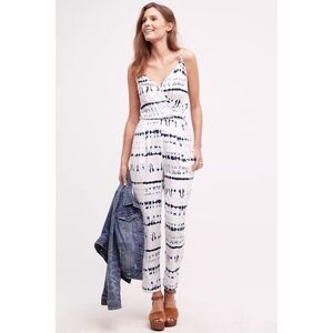 NEW!! Anthropologie DOLAN Shibori Surplice Jumpsuit White Blue Resort Large